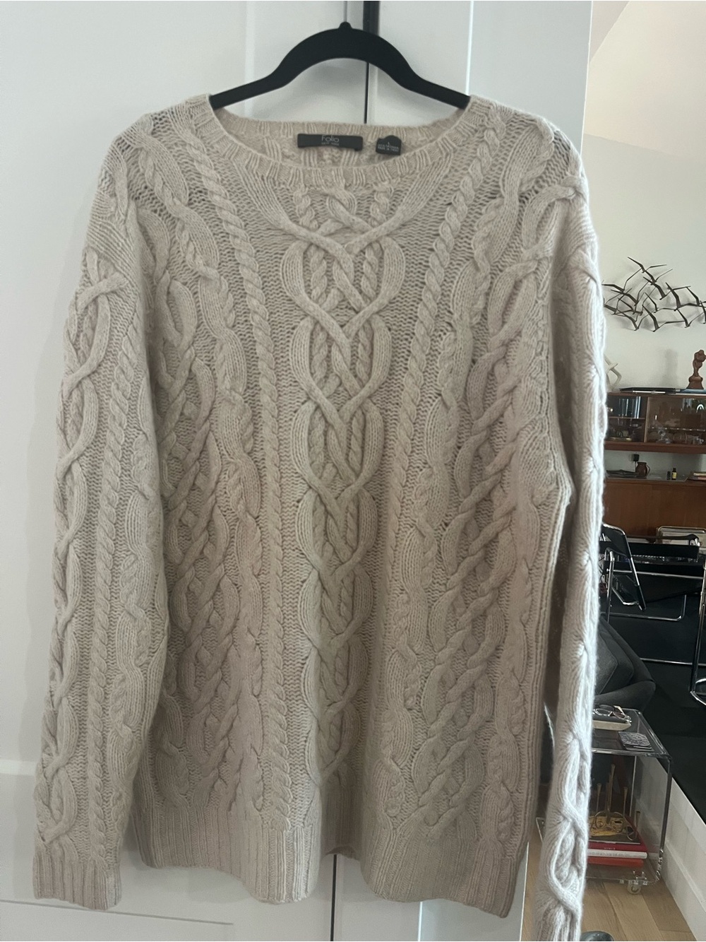 Folio New York Women’s Cableknit Crewneck Sweater in Cream L 100% cashmere cozy